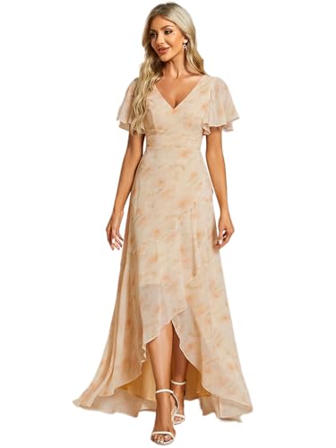 Ever-Pretty Damen Cocktailkleider V-Ausschnitt Asymmetrisch BodenKurze Ärmel Chiffon Rückenfrei Elegant Goldene Rose 46EU von Ever-Pretty