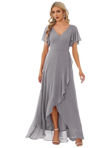 Ever-Pretty Damen Cocktailkleider V-Ausschnitt Asymmetrisch BodenKurze Ärmel Chiffon Rückenfrei Elegant Grau 44EU von Ever-Pretty