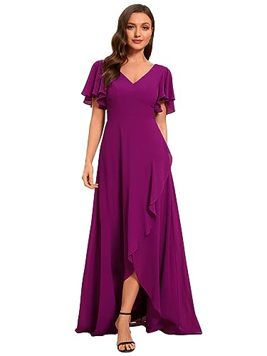Ever-Pretty Damen Cocktailkleider V-Ausschnitt Asymmetrisch BodenKurze Ärmel Chiffon Rückenfrei Elegant Lila Rot 50EU von Ever-Pretty