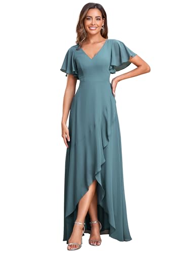 Ever-Pretty Damen Cocktailkleider V-Ausschnitt Asymmetrisch BodenKurze Ärmel Chiffon Rückenfrei Elegant Staubiges Blau 46 von Ever-Pretty
