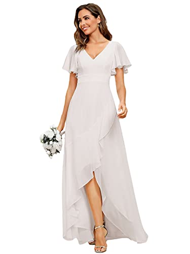Ever-Pretty Damen Cocktailkleider V-Ausschnitt Asymmetrisch BodenKurze Ärmel Chiffon Rückenfrei Elegant Weiß 46EU von Ever-Pretty