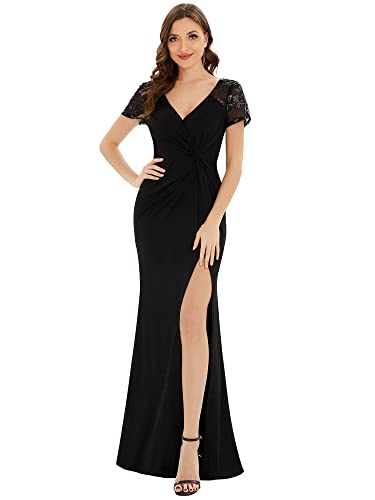 Ever-Pretty Damen Dehnbar Umstandskleider Abendkleider V-Ausschnitt Kurze Ärmel Dehnbar Maxi Brautmutterkleider Schwarz 48EU von Ever-Pretty