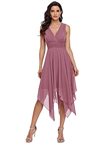 Ever-Pretty Damen Doppel V-Ausschnitt Ärmellos Empire Asymmetrische Saum Chiffon Midi Cocktailkleider Orchidee 46EU von Ever-Pretty