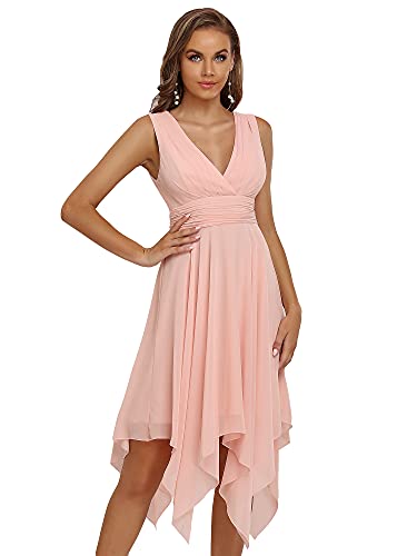 Ever-Pretty Damen Doppel V-Ausschnitt Ärmellos Empire Asymmetrische Saum Chiffon Midi Cocktailkleider Rosa 46EU von Ever-Pretty