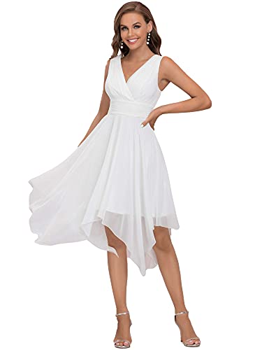 Ever-Pretty Damen Doppel V-Ausschnitt Ärmellos Empire Asymmetrische Saum Chiffon Midi Festliches Kleider Weiß 40EU von Ever-Pretty