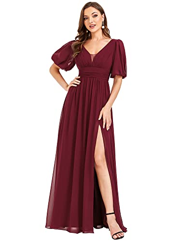 Ever-Pretty Damen Elegant Abendkleider Bodenlang Kurze Ärmel Stickerei Festliches Kleider Burgund 40EU von Ever-Pretty