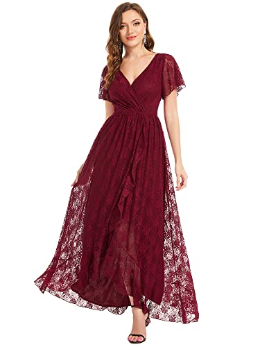 Ever-Pretty Damen Elegant Ballkleider Bodenlang Übergröße Kurze Ärmel High Low V-Ausschnitt Lace Burgund 48EU von Ever-Pretty