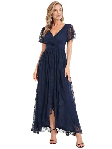 Ever-Pretty Damen Elegant Ballkleider Bodenlang Übergröße Kurze Ärmel High Low V-Ausschnitt Lace Navy Blau 48EU von Ever-Pretty