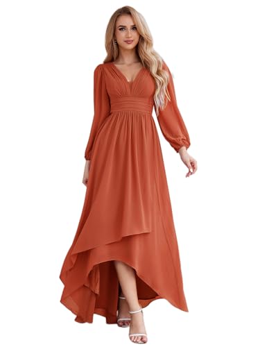 Ever-Pretty Damen Elegante Abendkleider Partykleider Lange Ärmel Chiffon Tief V Ausschnitt Lange Brautjungfernkleider Gebranntes Orange 48 von Ever-Pretty