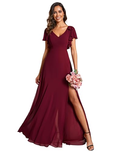 Ever-Pretty Damen Elegante Brautjungfernkleider Kurzer Ärmel Schlitz Lange Abendkleider Chiffon Burgund 44 von Ever-Pretty