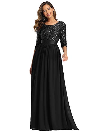 Ever-Pretty Damen Elegantes Rundhalsausschnitt 3/4 Aermel A-Linie Chiffon Abend Ballkkleider Pailletten Schwarz 48 von Ever-Pretty