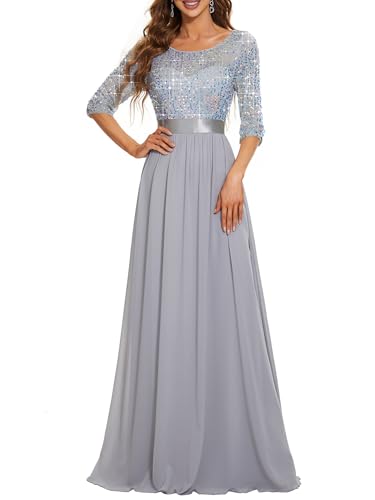 Ever-Pretty Damen Elegantes Rundhalsausschnitt 3/4 Aermel A-Linie Chiffon Abend Ballkkleider Pailletten Silber 48 von Ever-Pretty
