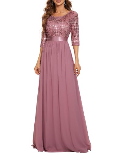 Ever-Pretty Damen Elegantes Rundhalsausschnitt 3/4 Aermel A-Linie Chiffon Abendkleider Pailletten Orchidee 36 von Ever-Pretty