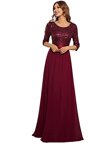 Ever-Pretty Damen Elegantes Rundhalsausschnitt 3/4 Aermel A-Linie Chiffon Bodenlang Abendkleider Pailletten Burgund 54 von Ever-Pretty