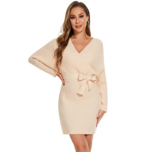 Ever-Pretty Damen Elegantes Strickkleid mit Blet Pulloverkleid V-Ausschnitt Langarm Maxi Cocktailabendkleider Beige S von Ever-Pretty