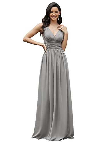 Ever-Pretty Damen Festliches Kleid A-Linie V-Ausschnitt Ärmellos Chiffon Hohe Taille Grau 36 von Ever-Pretty