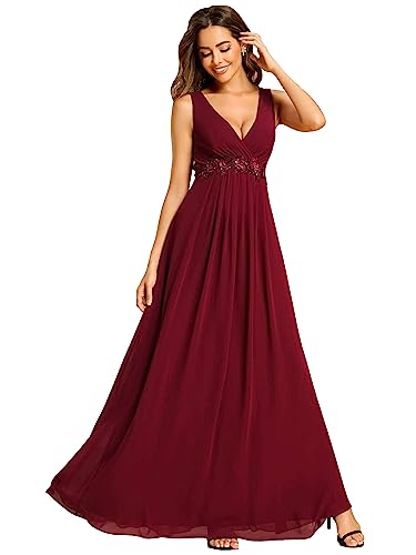 Ever-Pretty Damen Festliches Kleider Ärmellos Elegant Lang V-Ausschnitt Chiffon Rückenfrei Burgund 52EU von Ever-Pretty