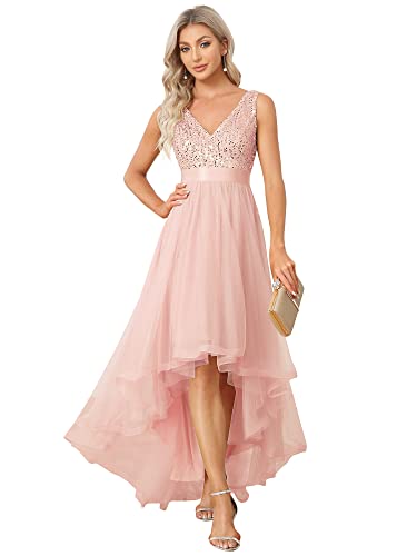 Ever-Pretty Damen Festliches Kleider Asymmetrisch Ärmellos Pailletten Lang V-Ausschnitt Tüll Rückenfrei Elegant Rosa 38EU von Ever-Pretty