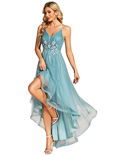 Ever-Pretty Damen Festliches Kleider Asymmetrisch Ärmellos Spitze Lang V-Ausschnitt Tüll Rückenfrei Elegant Dunst Blau 38EU von Ever-Pretty