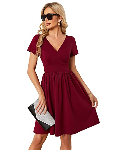 Ever-Pretty Damen Festliches Kleider Asymmetrisch Kurze Ärmel V-Ausschnitt Kurze Ärmel Knielang Cocktailkleider Elegant Burgund 38EU von Ever-Pretty