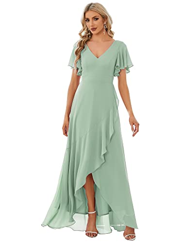 Ever-Pretty Damen Festliches Kleider Asymmetrisch Kurze Ärmel V-Ausschnitt Lang Chiffon Rückenfrei Elegant Minzgrün 38EU von Ever-Pretty