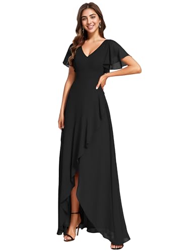 Ever-Pretty Damen Festliches Kleider Kurze Ärmel V-Ausschnitt Lang Chiffon Rückenfrei Elegant Schwarz 52EU von Ever-Pretty