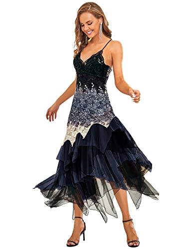 Ever-Pretty Damen Frauen Sexy V-Ausschnitt Ärmellos Unregelmäßig Midi Cocktailkleid Abendkleider Navy Blau 58 von Ever-Pretty