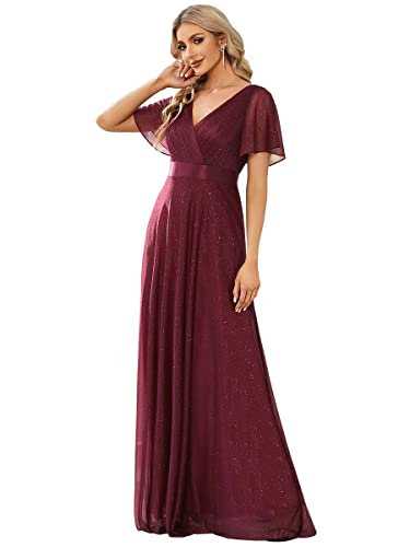 Ever-Pretty Damen Funkelnde Rüschenärmel Tiefer V-Ausschnitt Empire-Taille A-Linie Abendkleid Burgund 50EU von Ever-Pretty