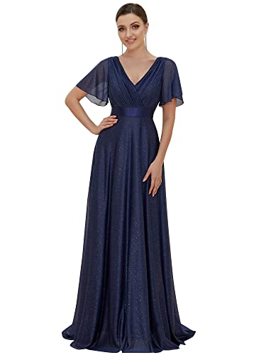 Ever-Pretty Damen Funkelnde Rüschenärmel Tiefer V-Ausschnitt Empire-Taille A-Linie Abendkleid Navy blau 50EU von Ever-Pretty
