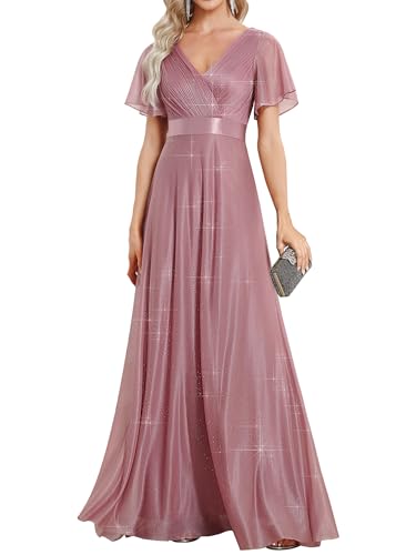 Ever-Pretty Damen Funkelnde Rüschenärmel Tiefer V-Ausschnitt Empire-Taille A-Linie Abendkleid Orchidee 36EU von Ever-Pretty