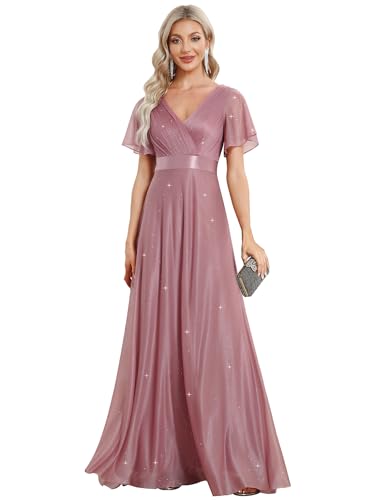 Ever-Pretty Damen Funkelnde Rüschenärmel Tiefer V-Ausschnitt Empire-Taille A-Linie Abendkleid Orchidee 50EU von Ever-Pretty