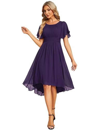 Ever-Pretty Damen-Kleid Für Hochzeitsgäste Kurzärmelig Empire-Taille Chiffon Knielang Elegantes A-Linien-Abendkleid Dunkelviolett 48 von Ever-Pretty