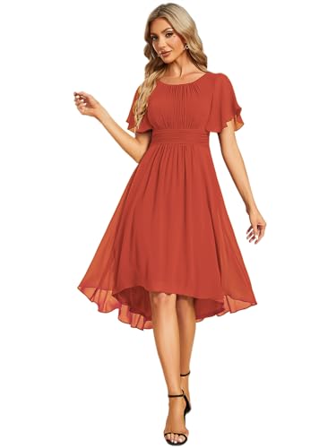 Ever-Pretty Damen-Kleid Für Hochzeitsgäste Kurzärmelig Empire-Taille Chiffon Knielang Elegantes A-Linien-Abendkleid Gebranntes Orange 54 von Ever-Pretty