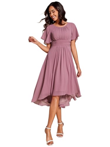 Ever-Pretty Damen-Kleid Für Hochzeitsgäste Kurzärmelig Empire-Taille Chiffon Knielang Elegantes A-Linien-Abendkleid Orchidee 48 von Ever-Pretty