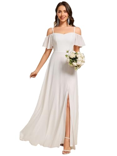 Ever-Pretty Damen Kurz Ärmel Chiffon Schulter Chiffon Lange Brautjungfernkleider mit Seitenschlitz ES00237, Weiß, 40 von Ever-Pretty