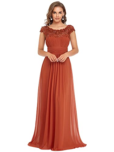 Ever-Pretty Damen Abendkleider Kurze Ärmel Rundkragen Spitze Empire A-Linie Elegant Chiffon Bodenlang Abendkleider Burnt orange 36EU von Ever-Pretty