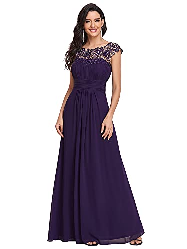 Ever-Pretty Damen Abendkleider Kurze Ärmel Rundkragen Spitze Empire A-Linie Elegant Chiffon Bodenlang Abendkleider Dunkelviolett 36EU von Ever-Pretty