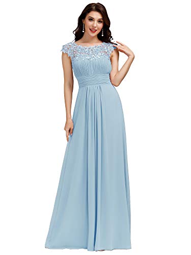 Ever-Pretty Damen Abendkleider Kurze Ärmel Rundkragen Spitze Empire A-Linie Elegant Chiffon Bodenlang Abschlusskleider Himmelblau 48EU von Ever-Pretty