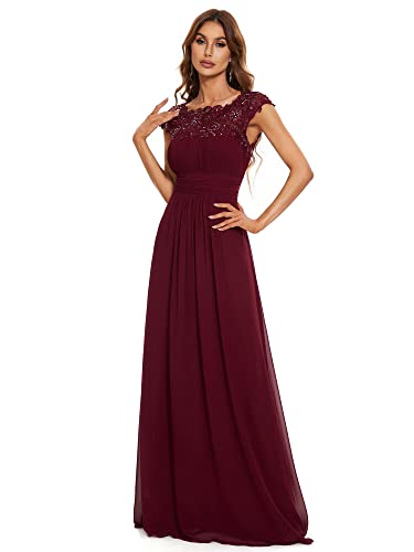 Ever-Pretty Damen Abendkleider Kurze Ärmel Rundkragen Spitze Empire A-Linie Elegant Chiffon Bodenlang Brautjungfernkleider Burgund 58EU von Ever-Pretty