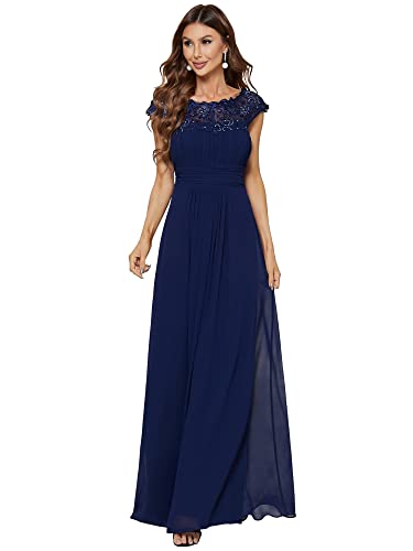 Ever-Pretty Damen Abendkleider Kurze Ärmel Rundkragen Spitze Empire A-Linie Elegant Chiffon Bodenlang Brautjungfernkleider Navy Blau 46EU von Ever-Pretty