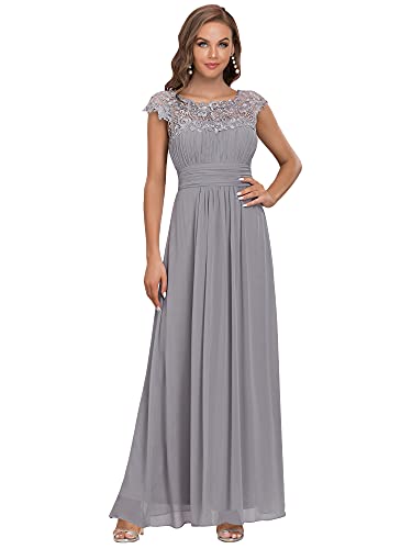 Ever-Pretty Damen Abendkleider Kurze Ärmel Rundkragen Spitze Empire A-Linie Elegant Chiffon Bodenlang Cocktailkleider Grau 54EU von Ever-Pretty