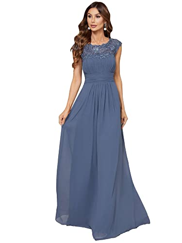 Ever-Pretty Damen Abendkleider Kurze Ärmel Rundkragen Spitze Empire A-Linie Elegant Chiffon Bodenlang Cocktailkleider Staubige Marine 54EU von Ever-Pretty