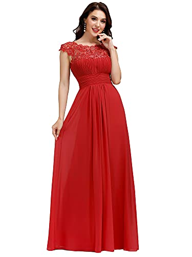 Ever-Pretty Damen Abendkleider Kurze Ärmel Rundkragen Spitze Empire A-Linie Elegant Chiffon Bodenlang Festliches Kleider Rot 40EU von Ever-Pretty