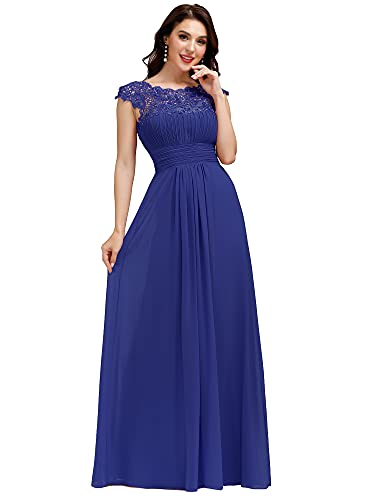 Ever-Pretty Damen Abendkleider Kurze Ärmel Rundkragen Spitze Empire A-Linie Elegant Chiffon Bodenlang Spitzenkleider Saphirblau 38EU von Ever-Pretty