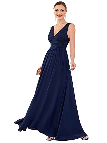 Ever-Pretty Damen Lang Ärmellos A-Linie V-Ausschnitt Spitze Elegant Abschlusskleider Navy blau 44EU von Ever-Pretty
