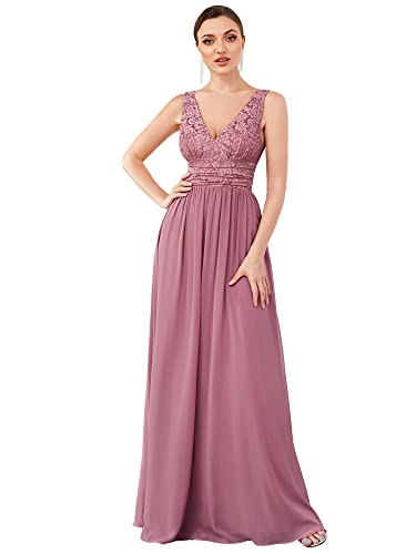 Ever-Pretty Damen Lang Ärmellos A-Linie V-Ausschnitt Spitze Elegant Sommerkleid Orchidee 42EU von Ever-Pretty