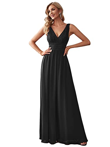 Ever-Pretty Damen Lang Ärmellos A-Linie V-Ausschnitt Spitze Elegant Sommerkleid Schwarz 42EU von Ever-Pretty