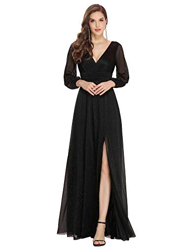 Ever-Pretty Damen Lange Ärmel V-Ausschnitt A-Linie Hohe Taille Lang Festlich Dekolletiert Brautjungfernkleid Schwarz 52 von Ever-Pretty