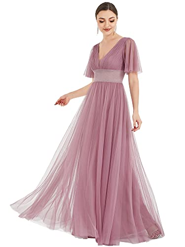 Ever-Pretty Damen Long Brautjungfernkleider Halber Ärmel Tulle V-Ausschnitt Ärmellos Orchidee 54EU von Ever-Pretty