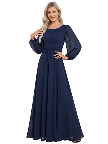 Ever-Pretty Damen Long Cocktailkleider Lange Ärmel Chiffon Rundkragen Ärmellos Navy Blau 42EU von Ever-Pretty